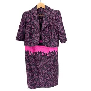 Le Bos Womens Pink Black Lace Print Suit Set Jacket Dress Size 18 Valentines